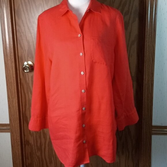 Chico's Vibrant Orange Blouse, Linen, Casual, Comfort, 3/4 Sleeves - Picture 5 of 9